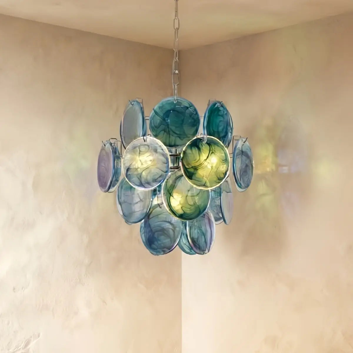 Excelis Art Deco Chandelier -- Handcrafted Iridescent Cloud Glass for Dining Room