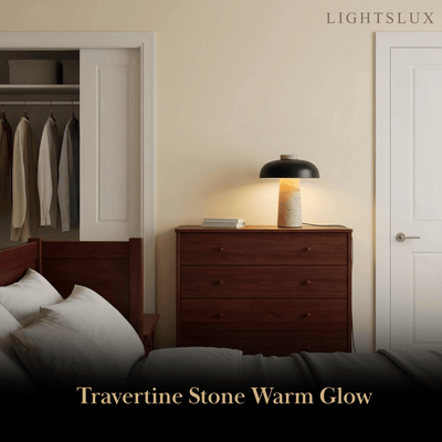 Strata Natural Travertine Table Lamp – Black Shade for Bedroom & Bedside