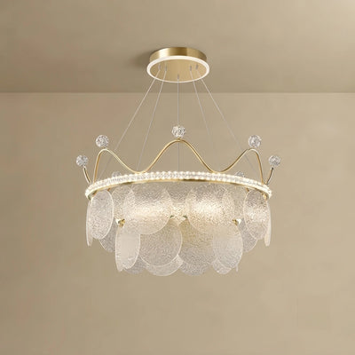 Elegant Crown-inspired Pendant Light -- Water-ripple Glass & Crystal Gold