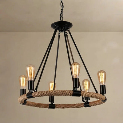 JUN107Irondale Industrial Hemp Rope Chandelier – Black Metal & Rope for Dining Room