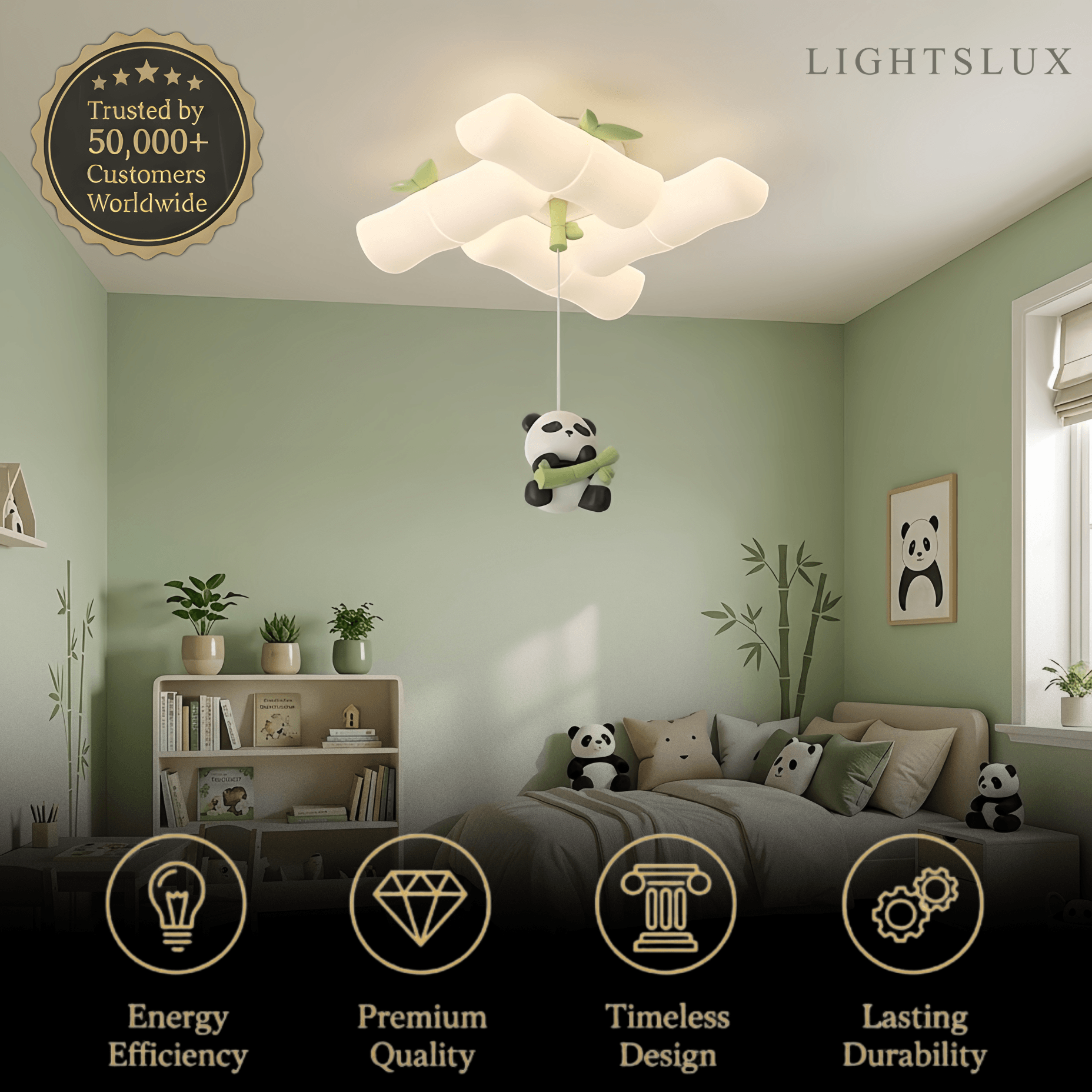 Art Deco Bamboo-Inspired Ceiling Light -- White Panda Iron & PE for Children's Room