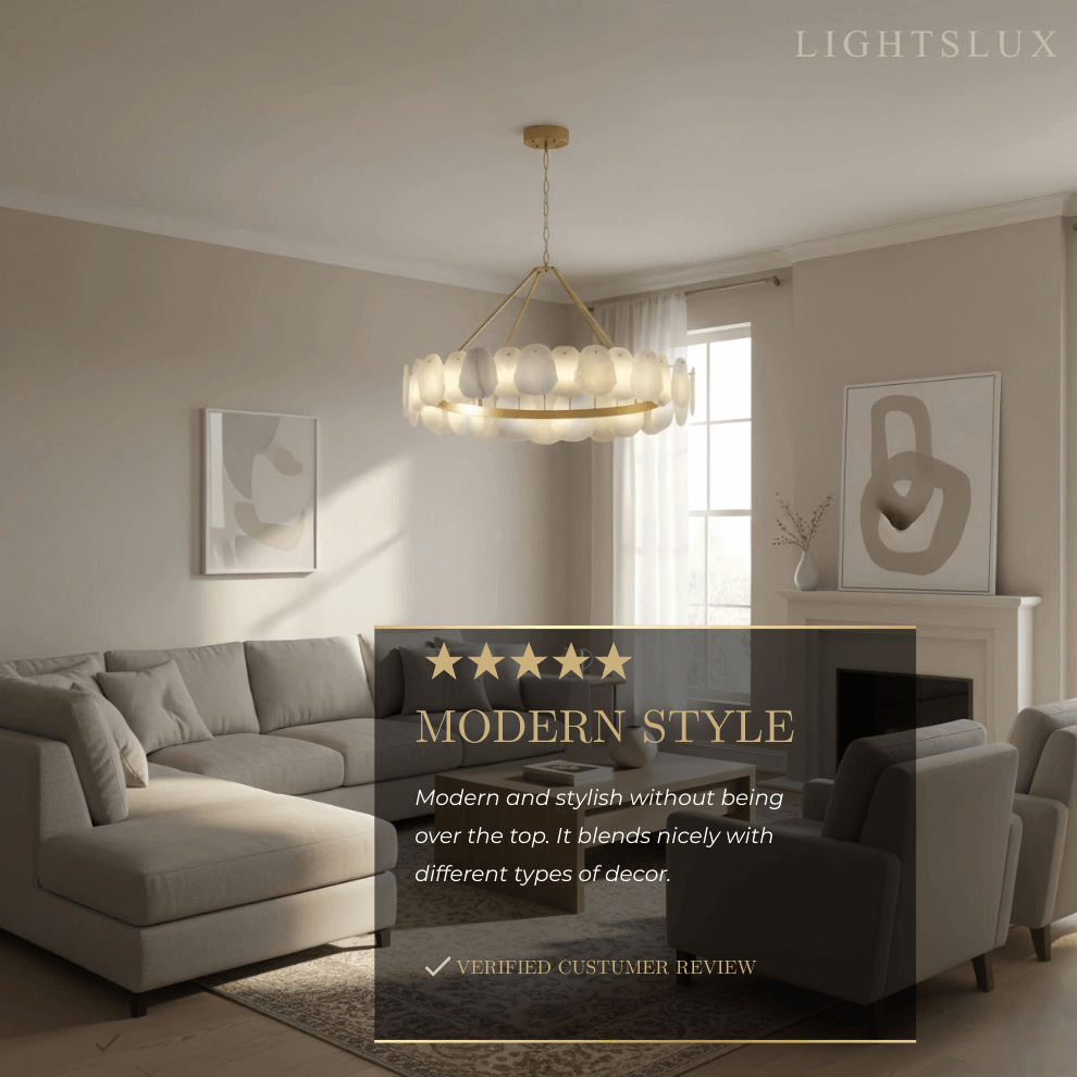 Luxury Sculptural Brushed Gold Chandelier - Layered Alabaster & Hand-Shaped Brass for Dining Room