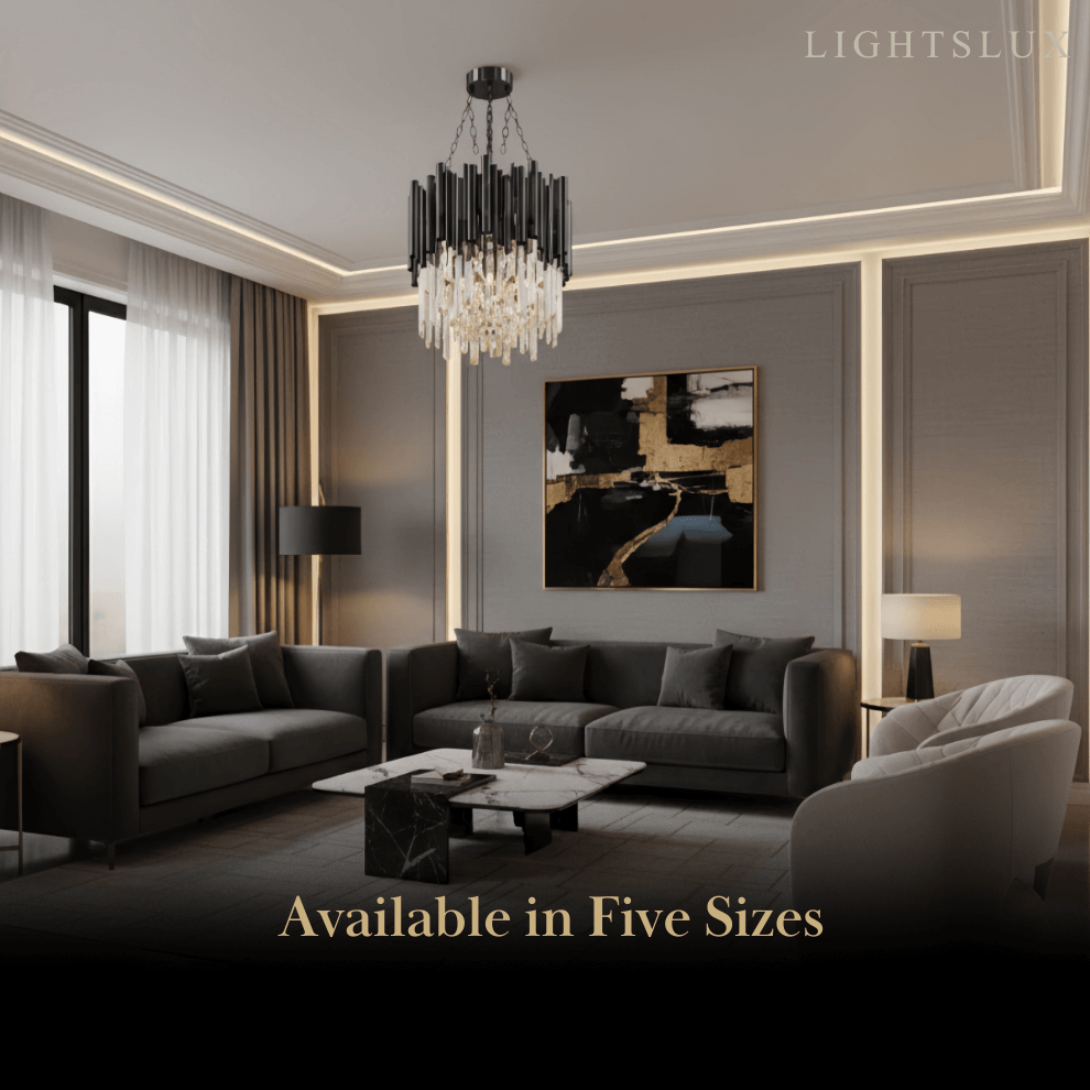 Modern Crystal Chandelier – Black Frame Sparkling Focal Point for Dining/Living Room