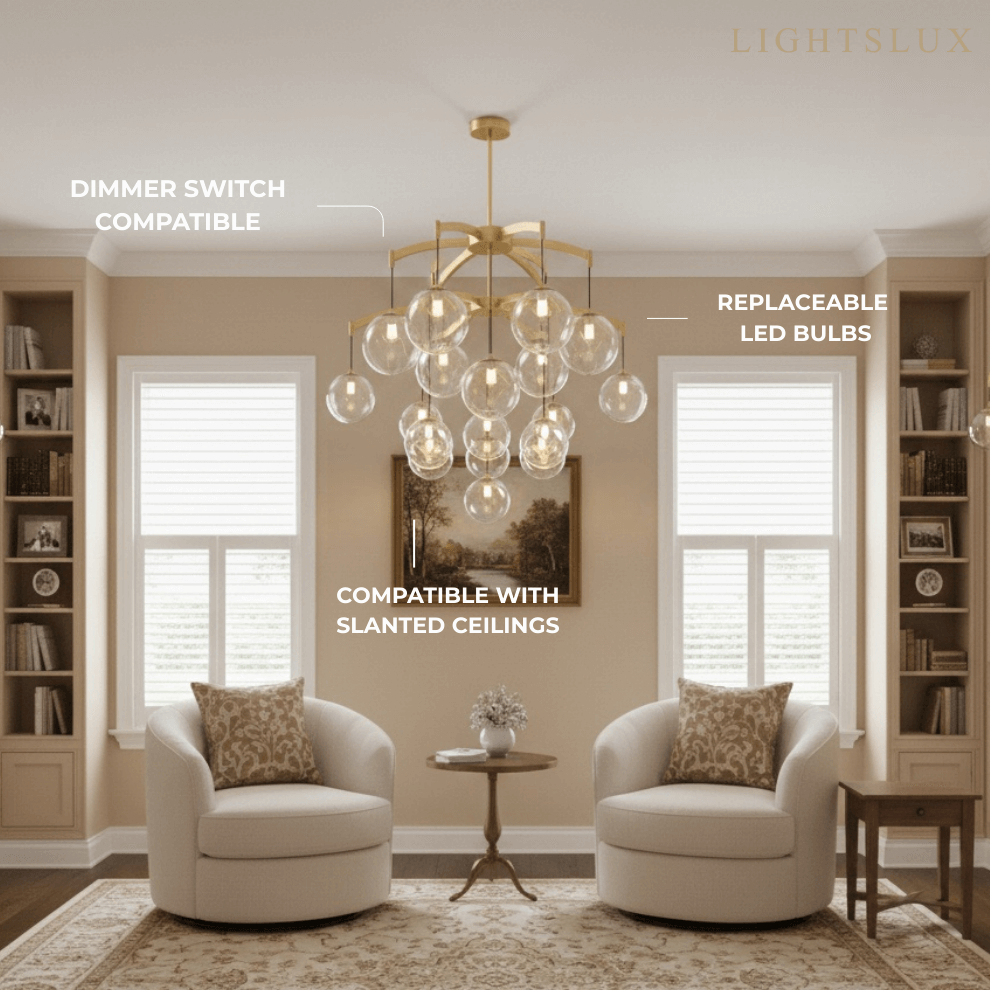 Royal Globe Chandelier – Solid Brass Brushed Gold Dimmable for Living Room