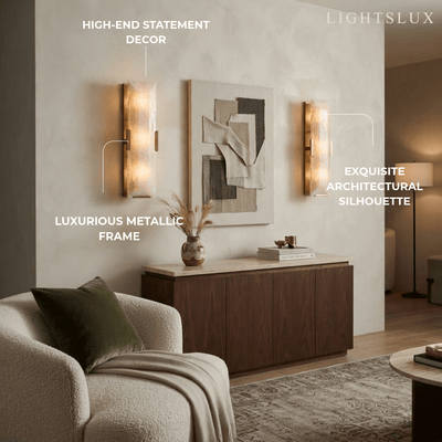 Modern Faceted Alabaster Wall Sconce – Brushed Gold Stainless Steel Backplate Indoor