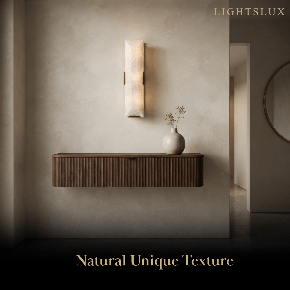 Faceted Alabaster Wall Sconce – Brushed Gold Stainless Steel Backplate Indoor