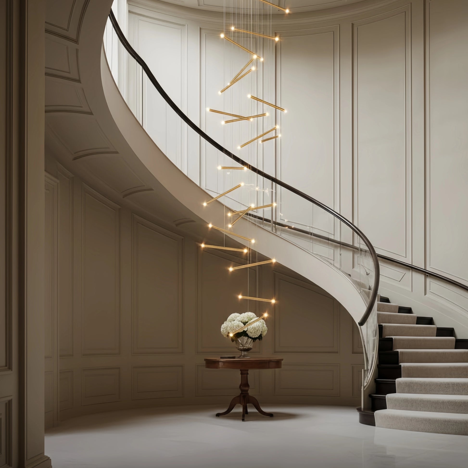 Nebula Luxury Flowing Gold Chandelier – Metallic Acrylic Rods Sculptural Cascade for Staircase