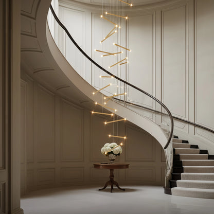 Nebula Luxury Flowing Gold Chandelier – Metallic Acrylic Rods Sculptural Cascade for Staircase