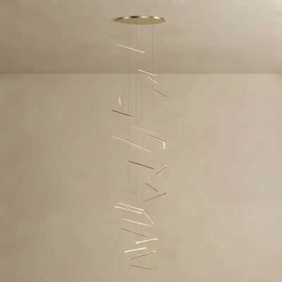 Nebula Luxury Flowing Gold Chandelier – Metallic Acrylic Rods Sculptural Cascade for Staircase