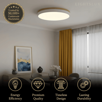 Minimalist Circular Ceiling Lamp — Wood & Matte Grey Frame 
