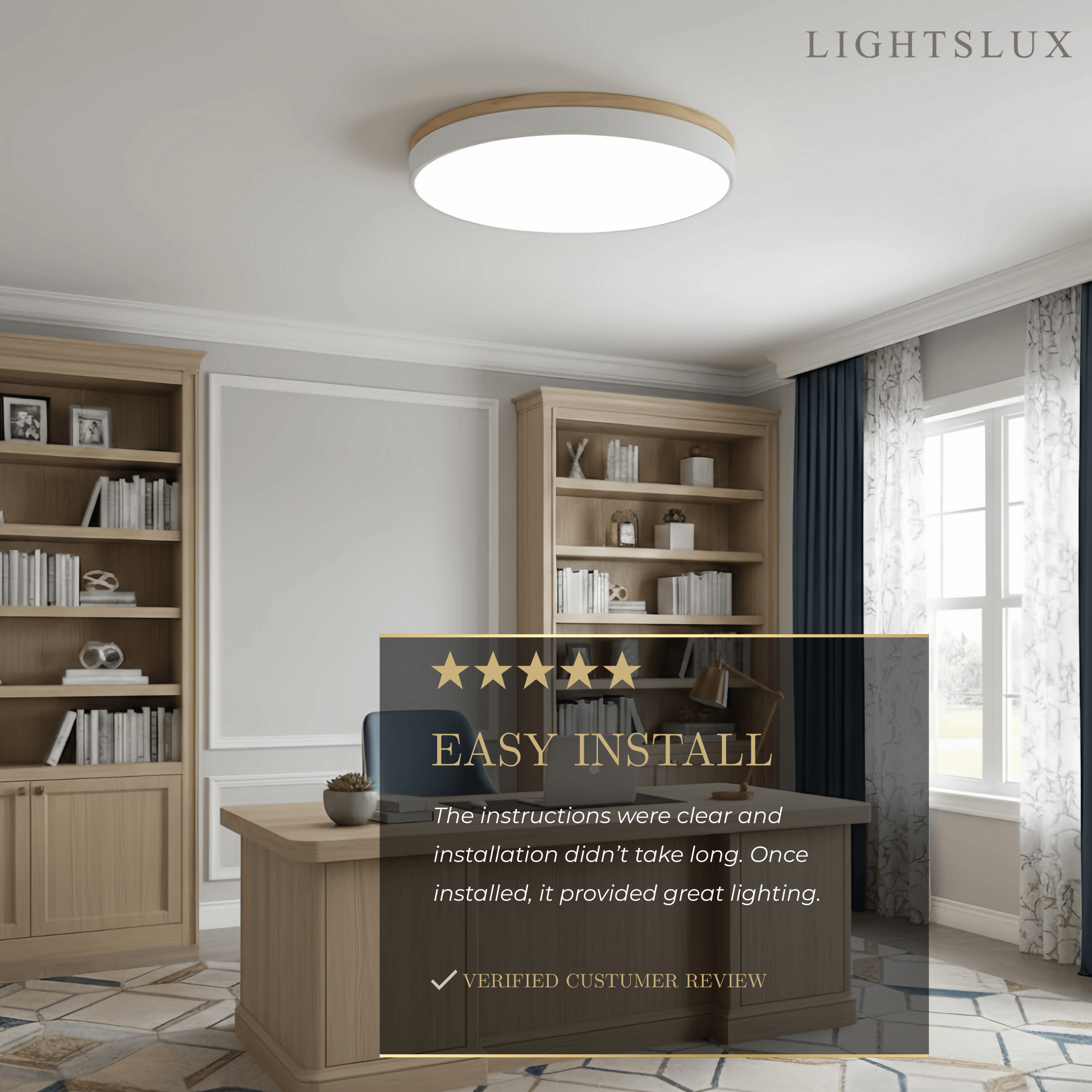 Minimalist Circular Ceiling Lamp — Wood & Matte Grey Frame 