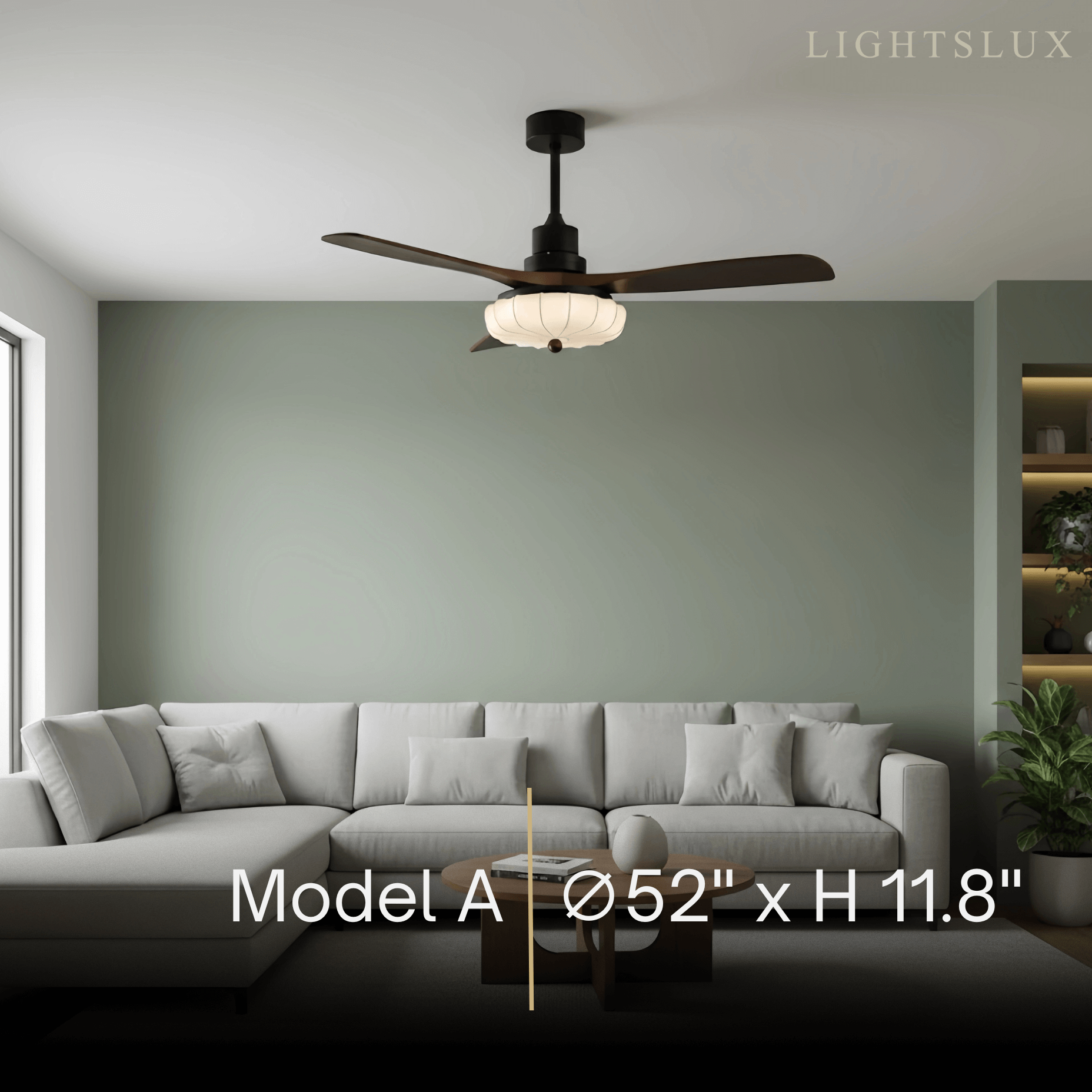 Modern Ceiling Fan Light — Lotus Fabric Shade & Walnut Wood