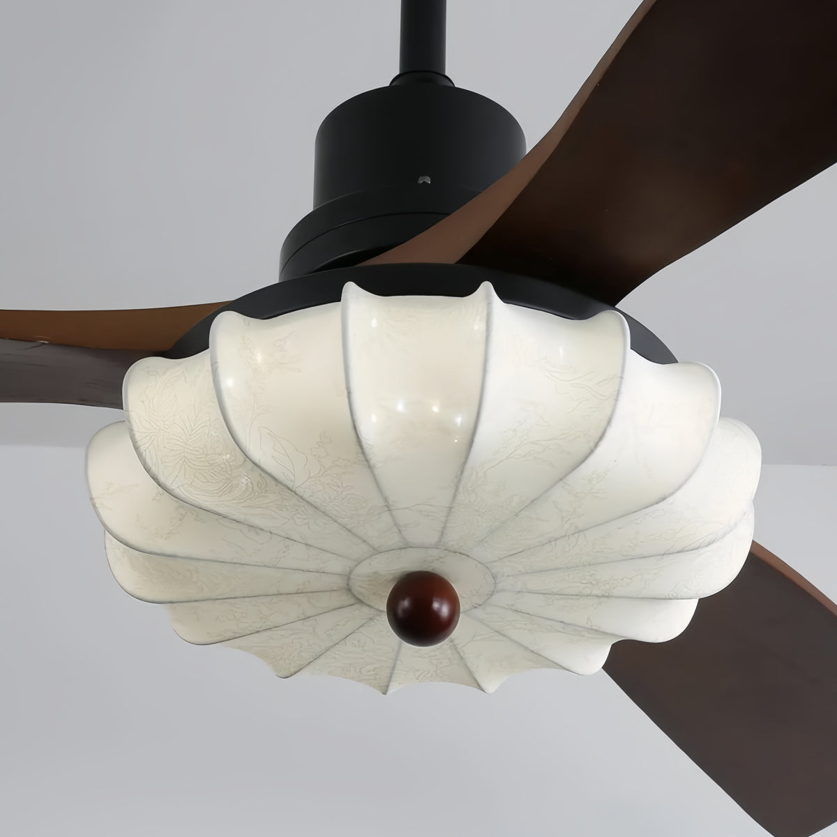 Modern Ceiling Fan Light — Lotus Fabric Shade & Walnut Wood