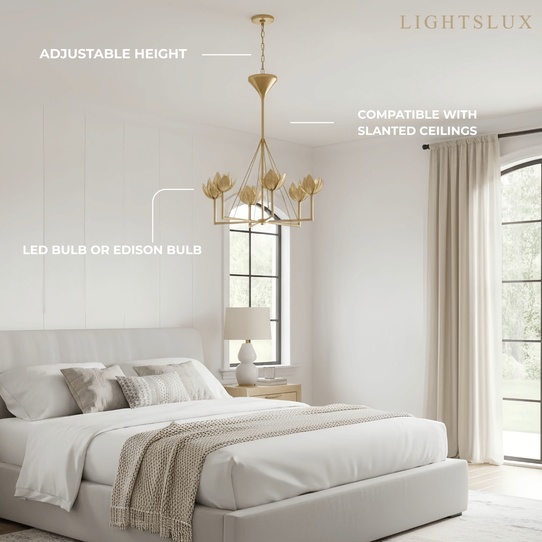 Chandelier — Curved Petal Shades & Brass Frame for Dining Room