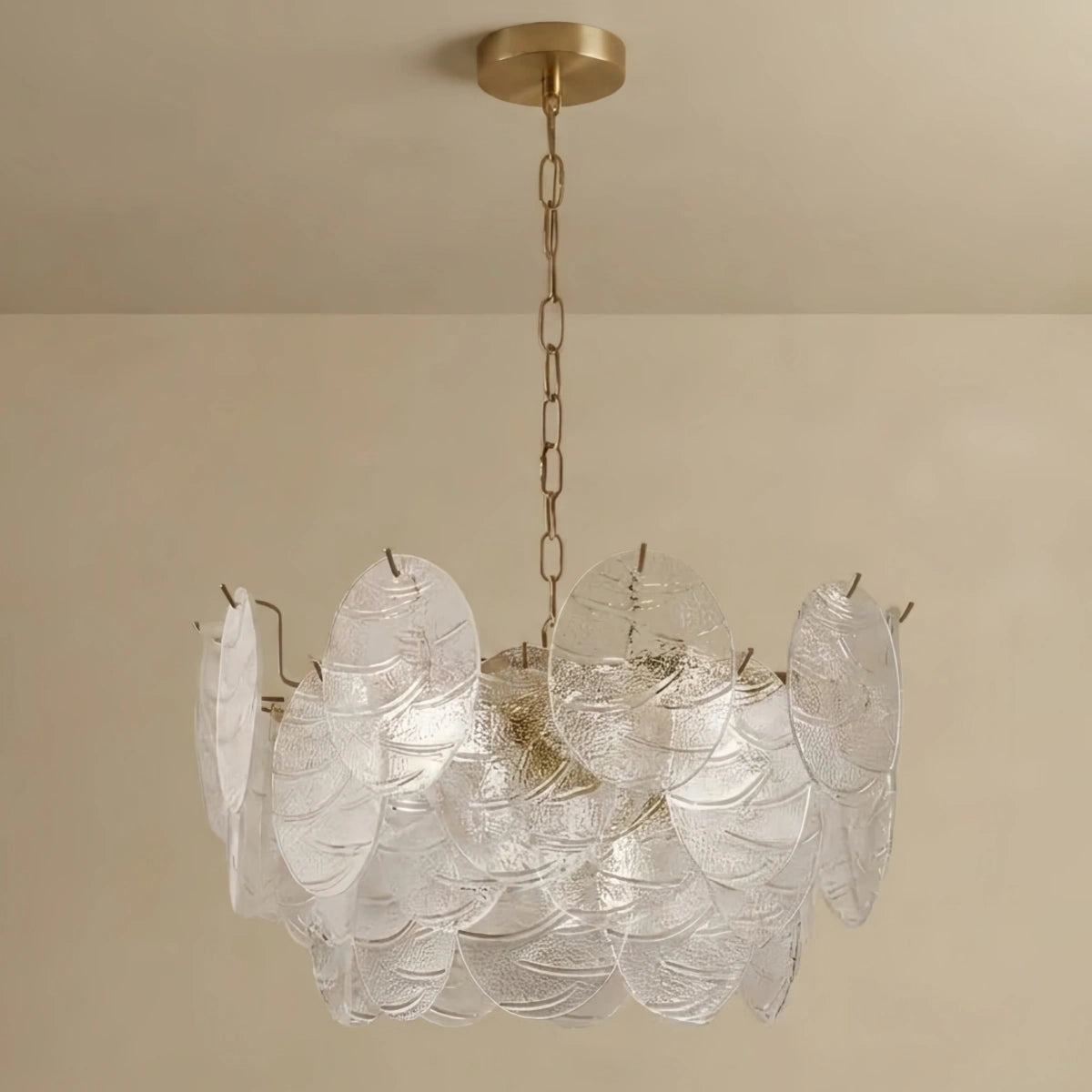 Modern Gold Chandelier — Rippled Wavy Glass Panels & Iron Frame 