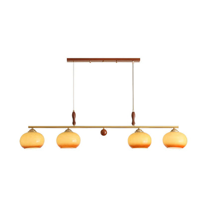 Modern Pendant Lamp — Amber Glass Shades & Brass Bar Wood Accent