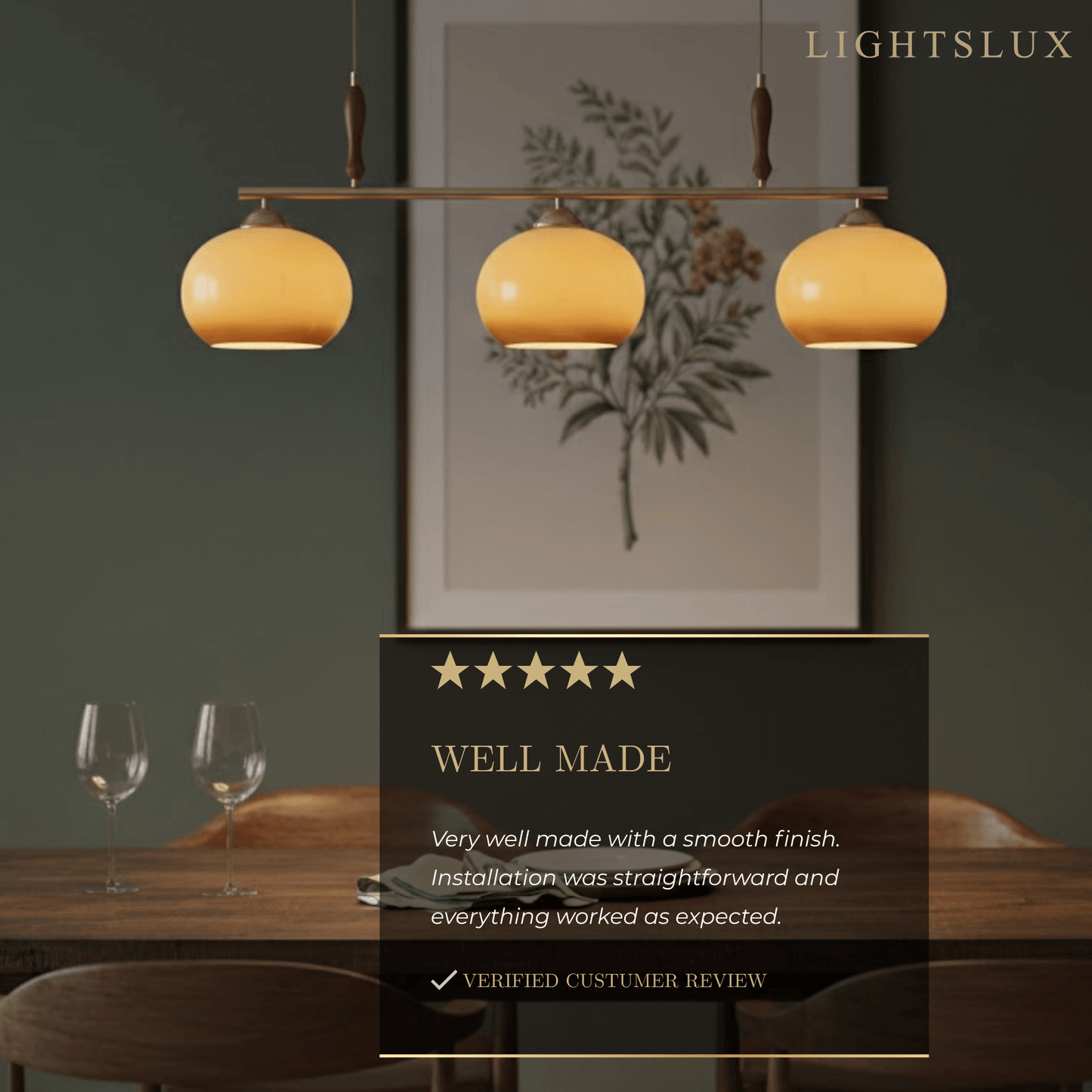 Modern Pendant Lamp — Amber Glass Shades & Brass Bar Wood Accent
