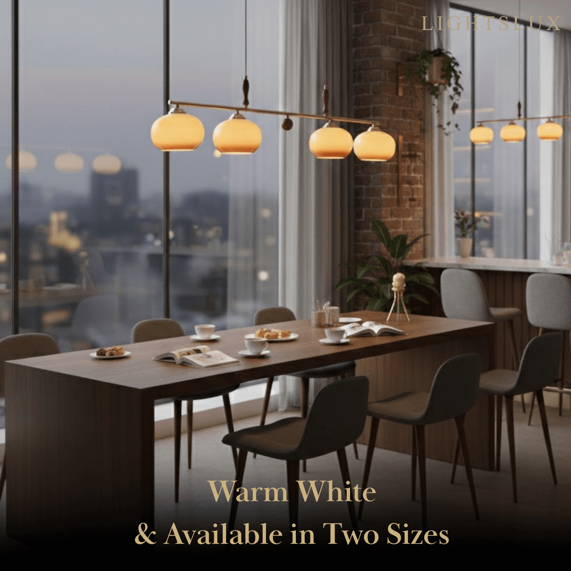 Modern Pendant Lamp — Amber Glass Shades & Brass Bar Wood Accent