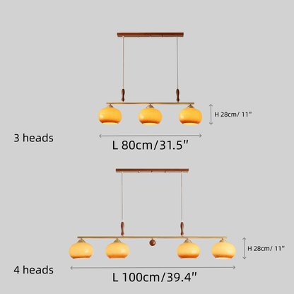 Modern Pendant Lamp — Amber Glass Shades & Brass Bar Wood Accent