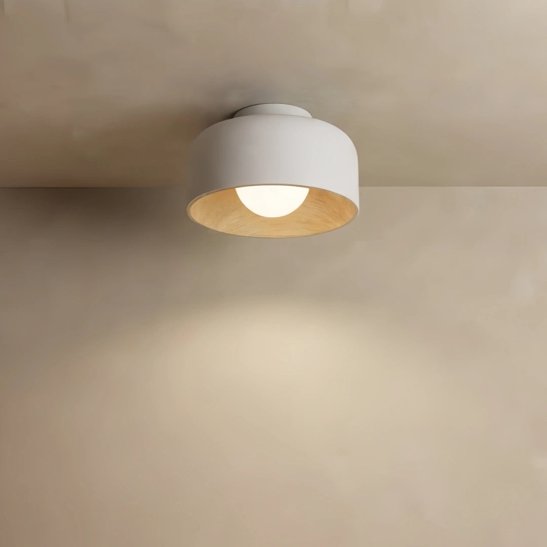 Modern Industrial Sphere Ceiling Light — Matte Glass & Wood-Grain Interior