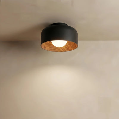 Modern Industrial Sphere Ceiling Light — Matte Glass & Wood-Grain Interior