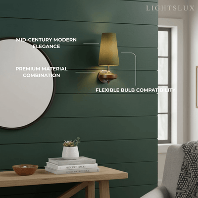 Mid-Century Wall Sconce – Fabric Shade and Wood Wall Light in Bronze for Bedroom