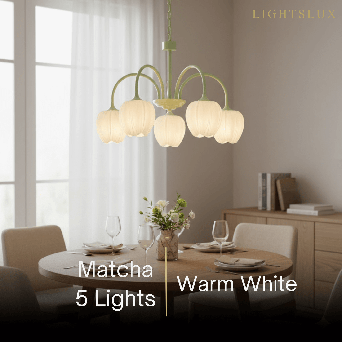 Modern Tulip Chandelier – Matcha Metal and White Glass Ceiling Light