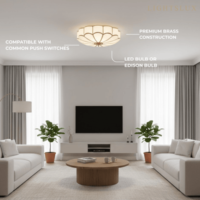 Modern Flower Glass Ceiling Light – Brass Flush Mount Lamp for Bedroom