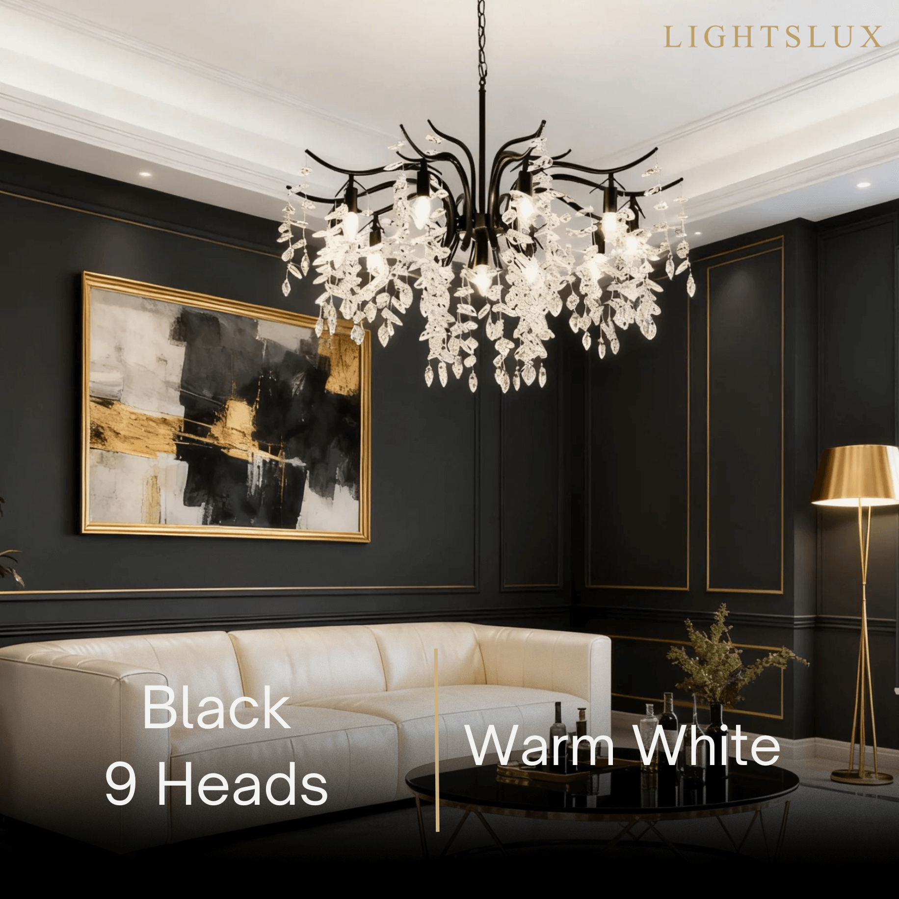 Excelis Royal Crystal Chandelier – Luxurious Black/Gold Finish for Living/Dining Room