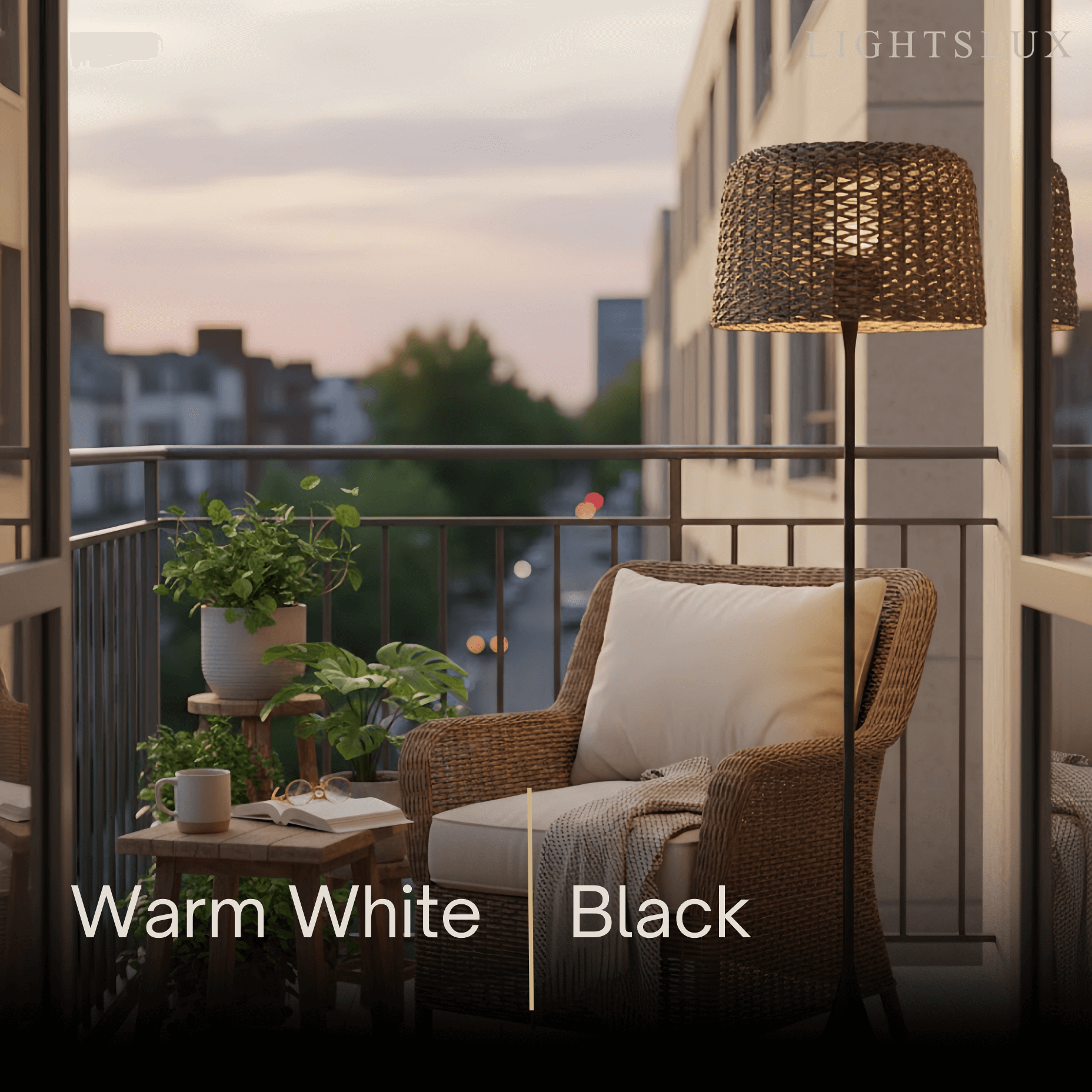 Bamburo Vintage Rattan Solar Outdoor Floor Lamp – Black Metal Hooded Terrace