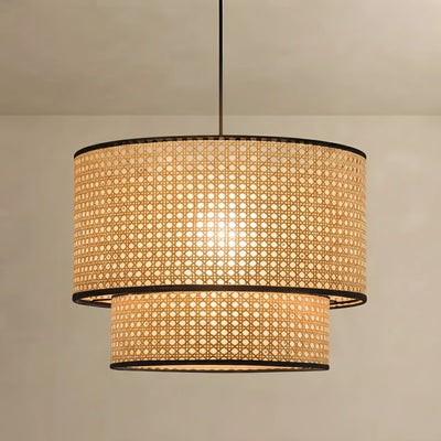 Bamburo Farmhouse Rattan Pendant Light - Double-Layer Wood Lantern for Dining Room