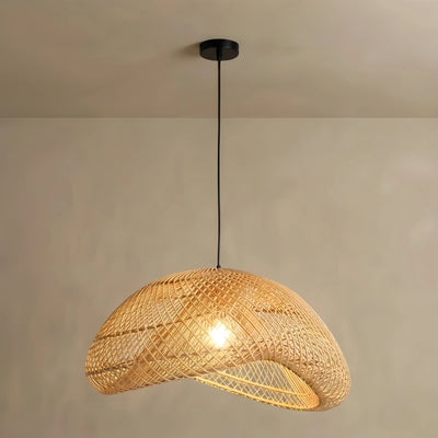 Bamburo Farmhouse Pendant Light — Uneven Metal & Rattan for Dining Room