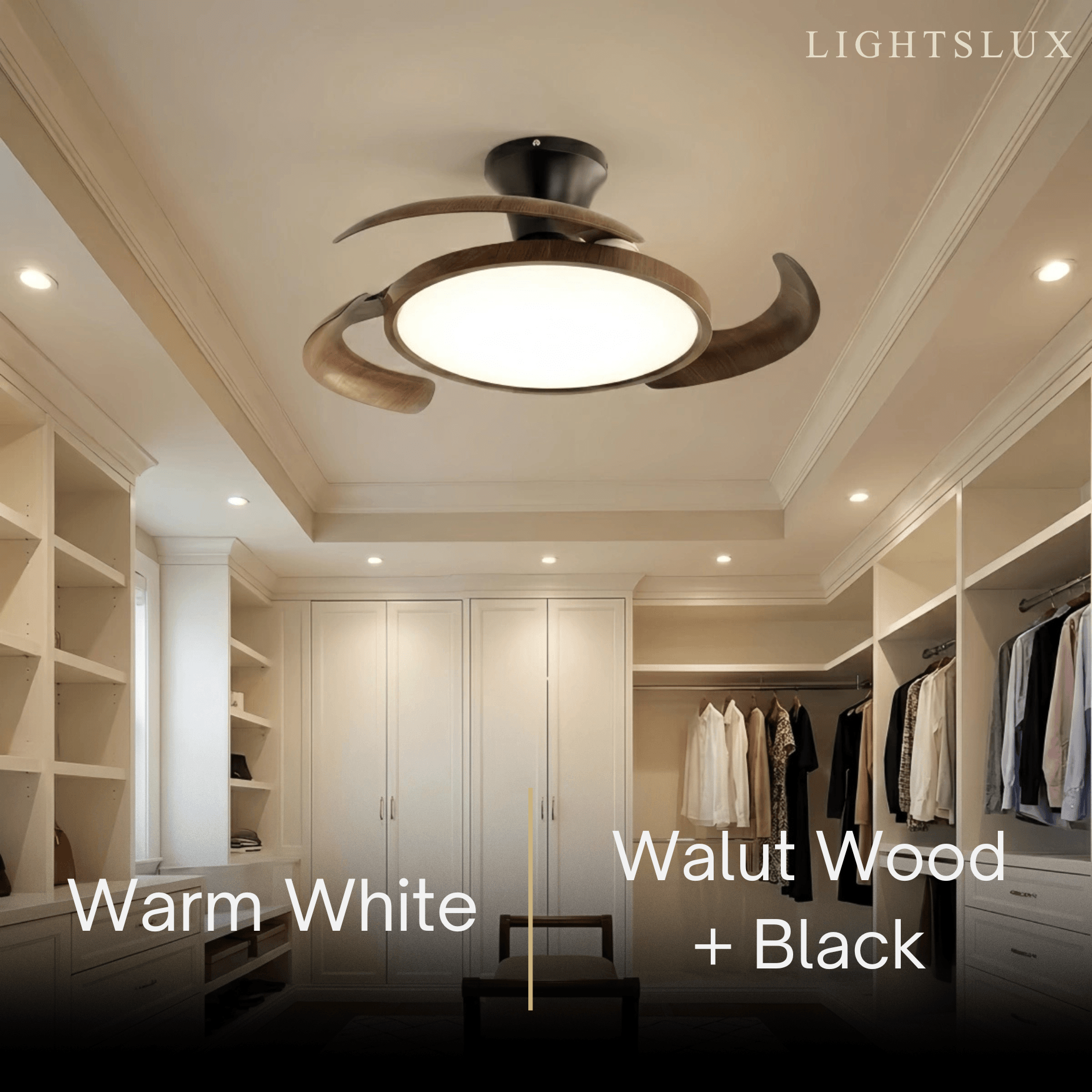 Zenno Modern Ceiling Fan Light -- Walnut Wood & Black PVC with LED
