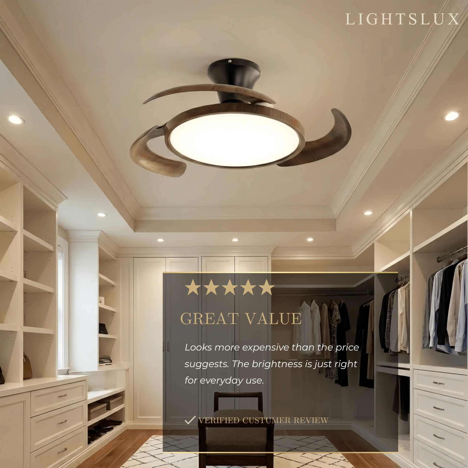 Modern Ceiling Fan Light -- Walnut Wood & Black PVC with LED for Dressing Room