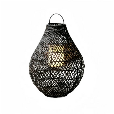Solara Natural Handwoven Rattan Solar Lantern Floor Lamp -- Black for Garden