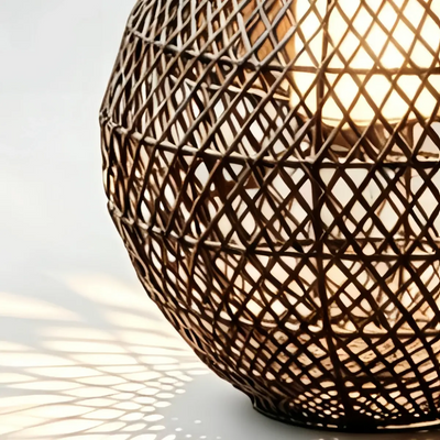 Natural Handwoven Rattan Solar Lantern Floor Lamp -- Black for Garden Details