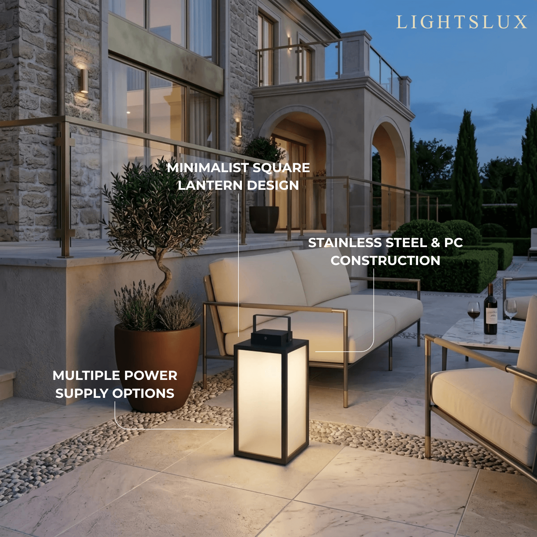 Minimalist LED Outdoor Lantern -- Stainless Steel & PC Black for Garden Features