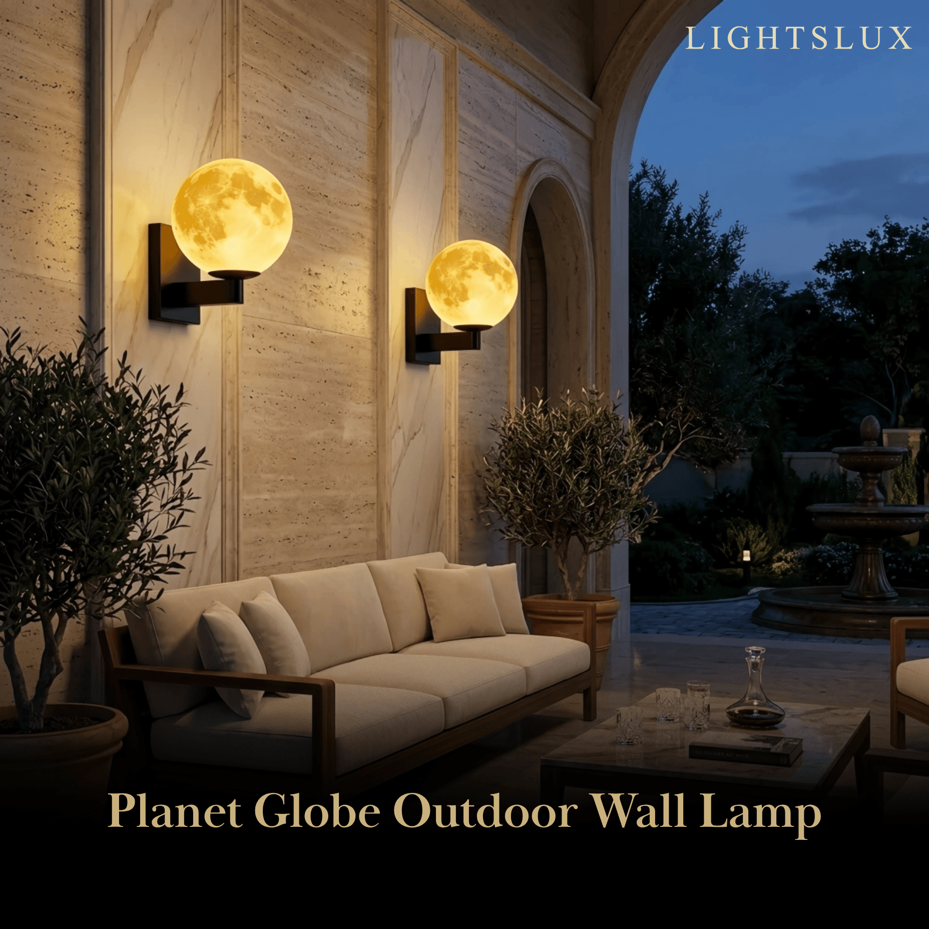 Lunara Art Deco Planet Wall Light -- Stainless Steel & Glass, Black/Beige for Terrace