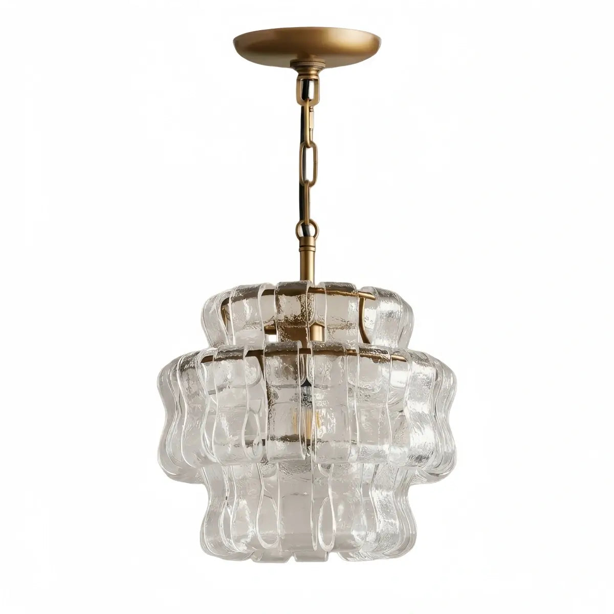 Art Deco Pendant Light -- Curved Textured Glass & Electroplated Brass