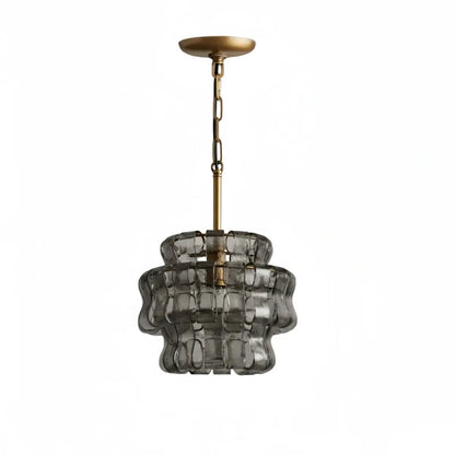 Art Deco Pendant Light -- Curved Textured Glass & Electroplated Brass