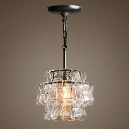Art Deco Pendant Light -- Curved Textured Glass & Electroplated Brass