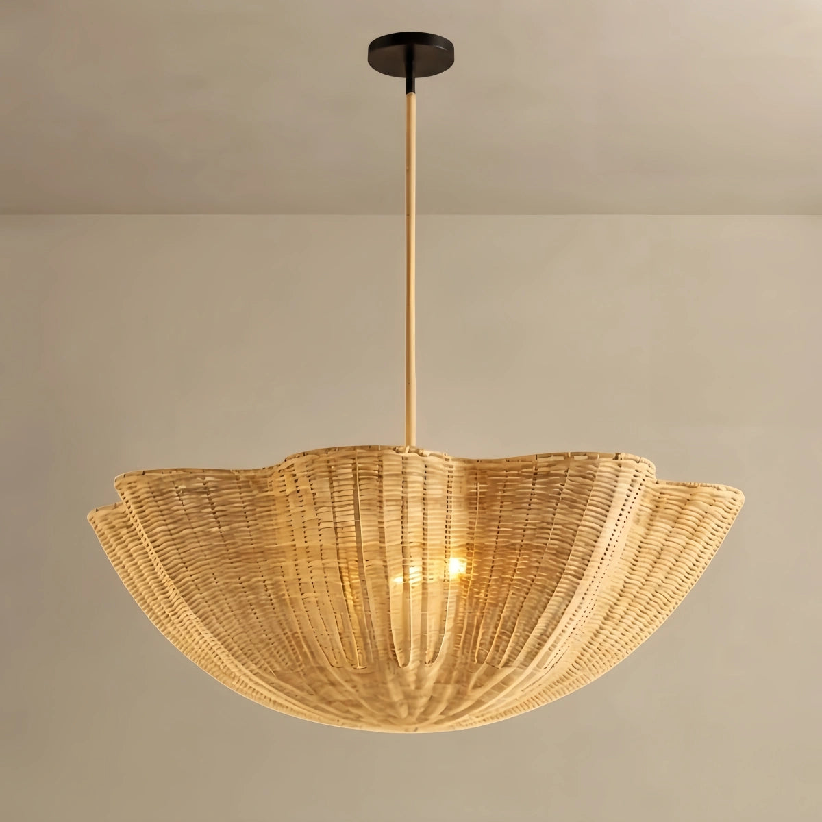 Bamburo Modern Pendant Light - Scalloped Woven Rattan & Iron for Dining Room