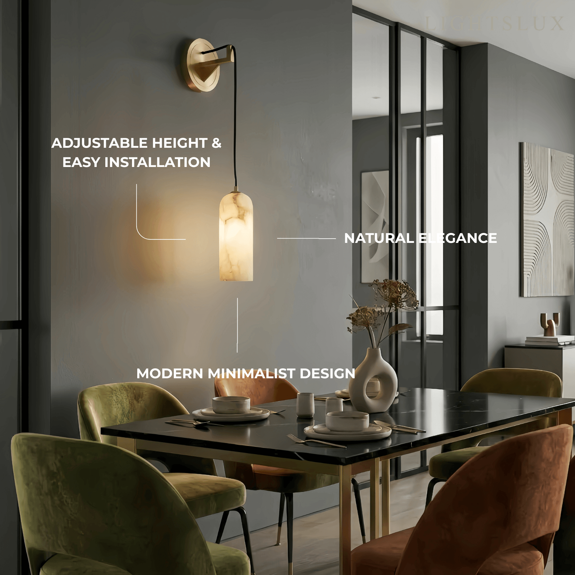 Natural Alabaster Wall Lamp— Brass Body with White Shade