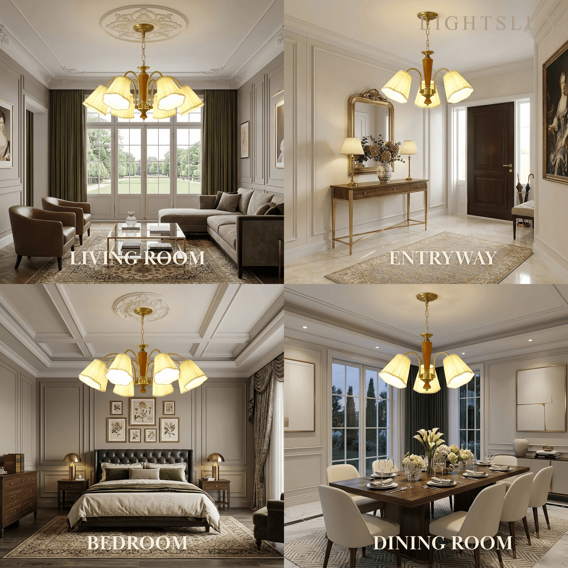 Modern Ceiling Lingt — Metal, Fabric & Walnut Wood with Gold & Walnut