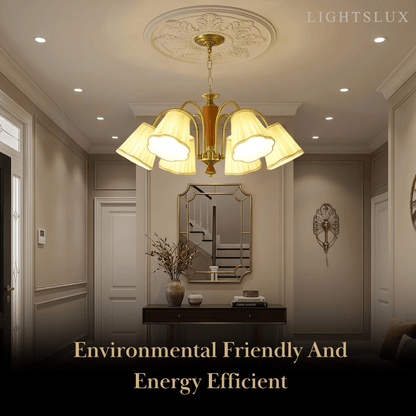 Modern Ceiling Lingt — Metal, Fabric & Walnut Wood with Gold & Walnut