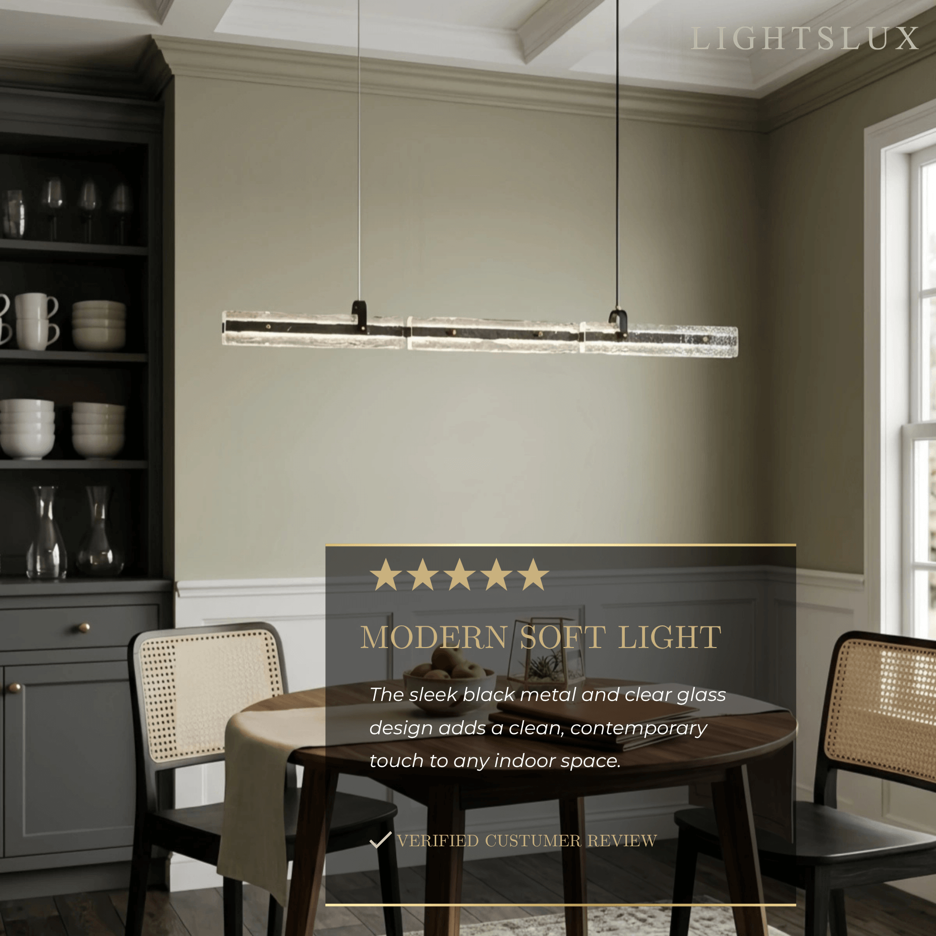 Modern Linear Pendant Light — Metal & Glass for Dining Room Kitchen Island Conference Room Living Room