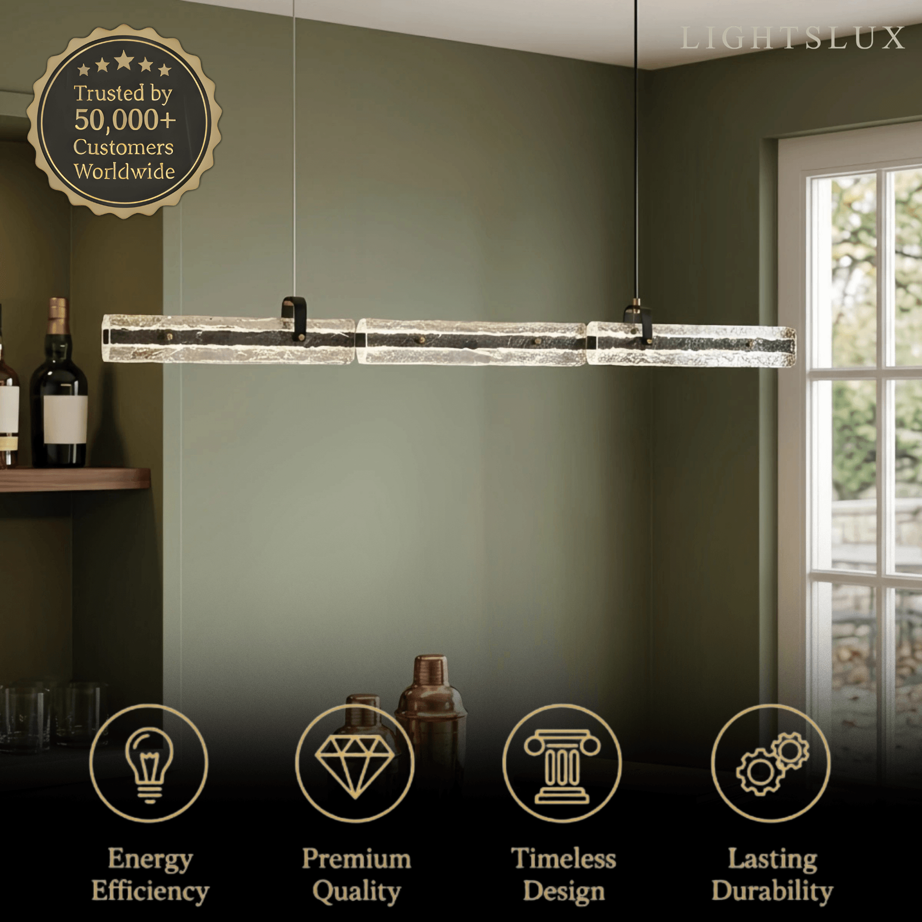 Modern Linear Pendant Light — Metal & Glass for Dining Room Kitchen Island Conference Room Living Room