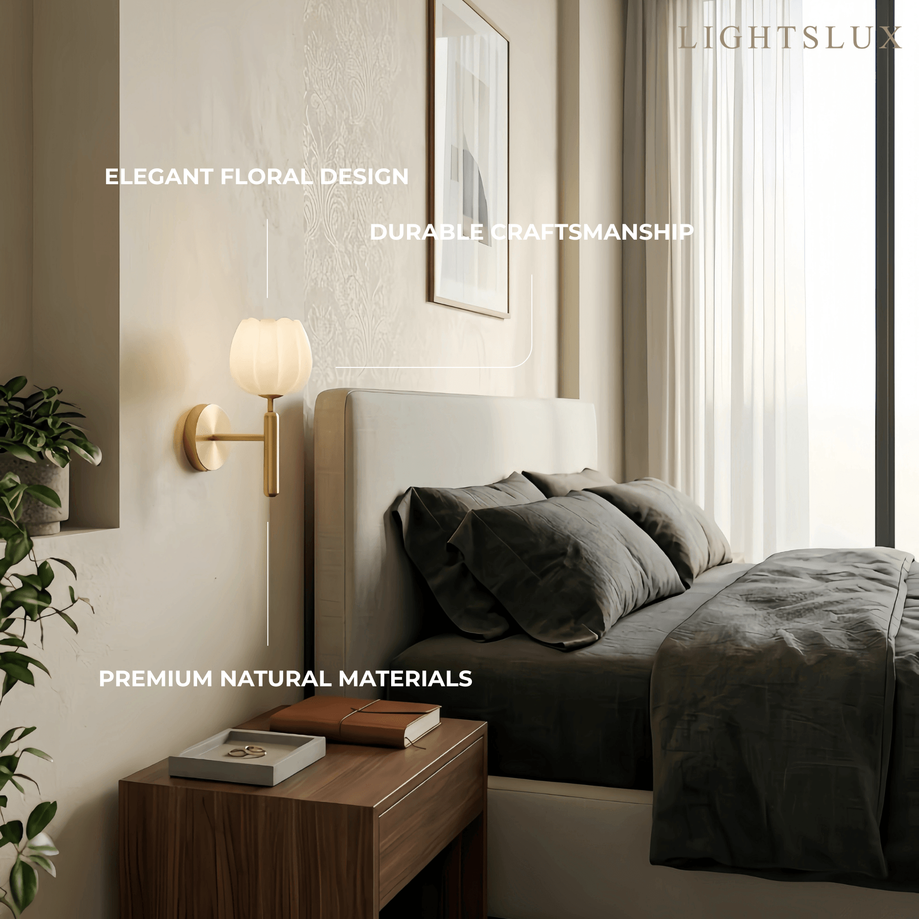 Alba  Modern Wall Lamp -- Brass & Alabaster Flowers