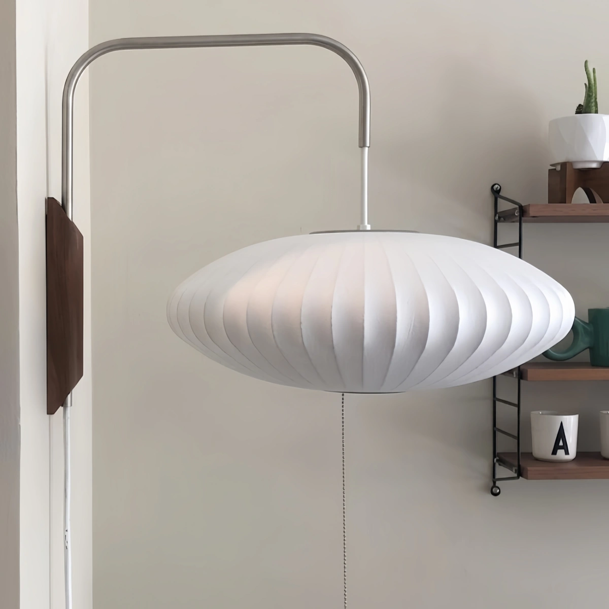 Modern Plug-In Wall Lamp -- Polymer Steel Walnut Metal Chrome & Walnut with White Shade for Bedroom