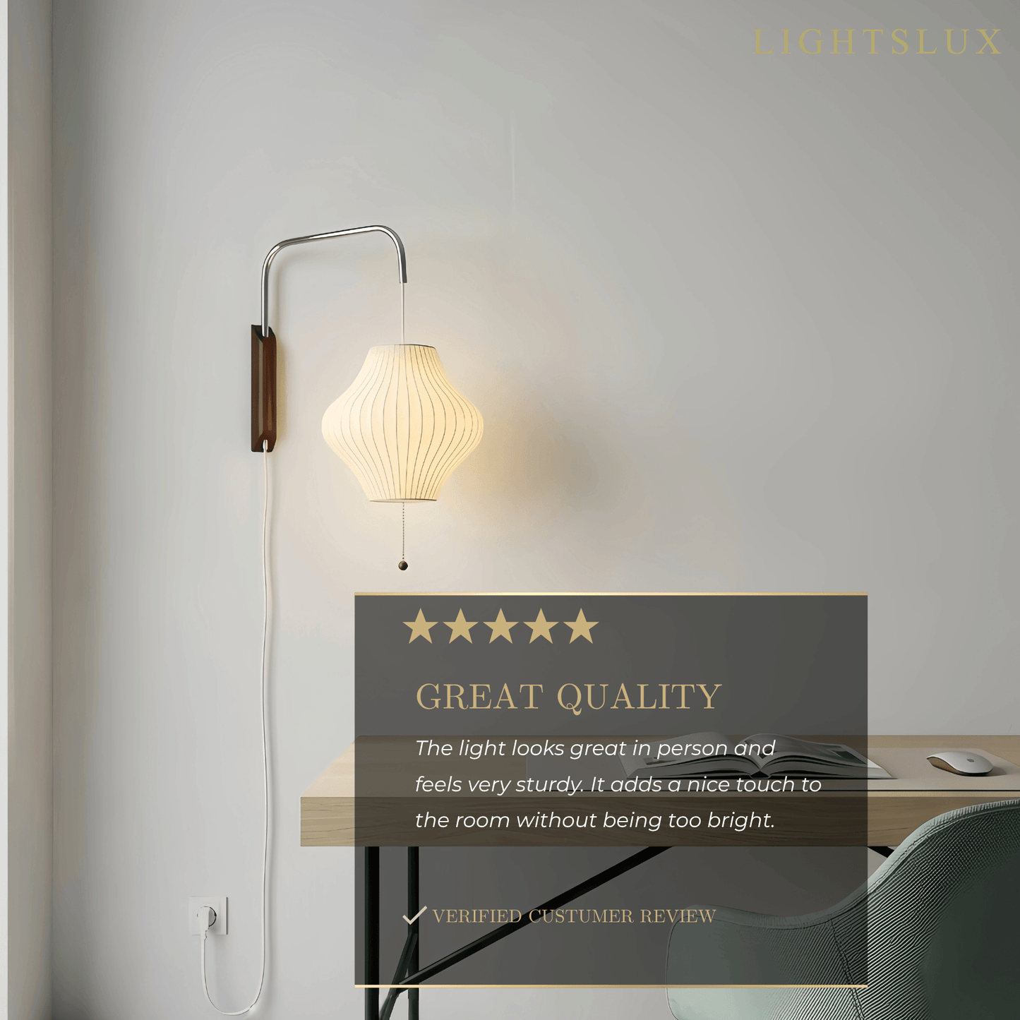 Modern Plug-In Wall Lamp -- Polymer Steel Walnut Metal Chrome & Walnut with White Shade
